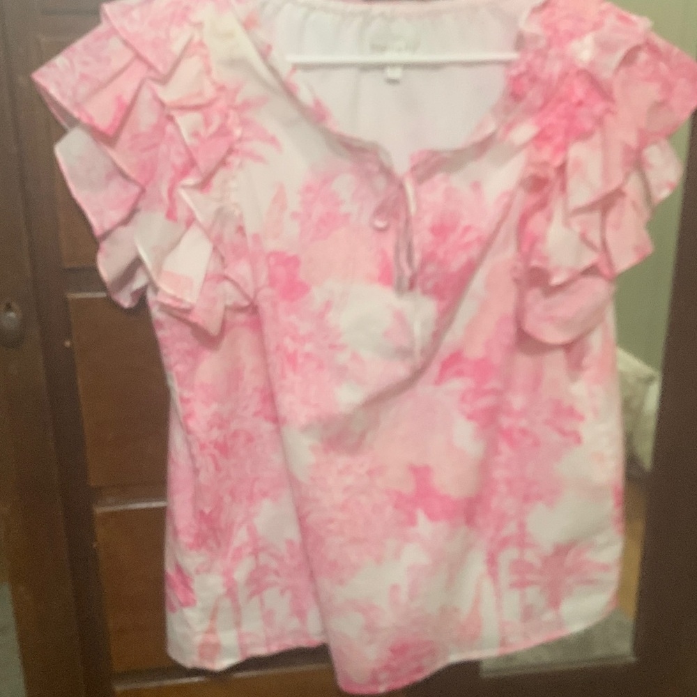 Crown & Ivy Pink Ruffle Sleeve Blouse